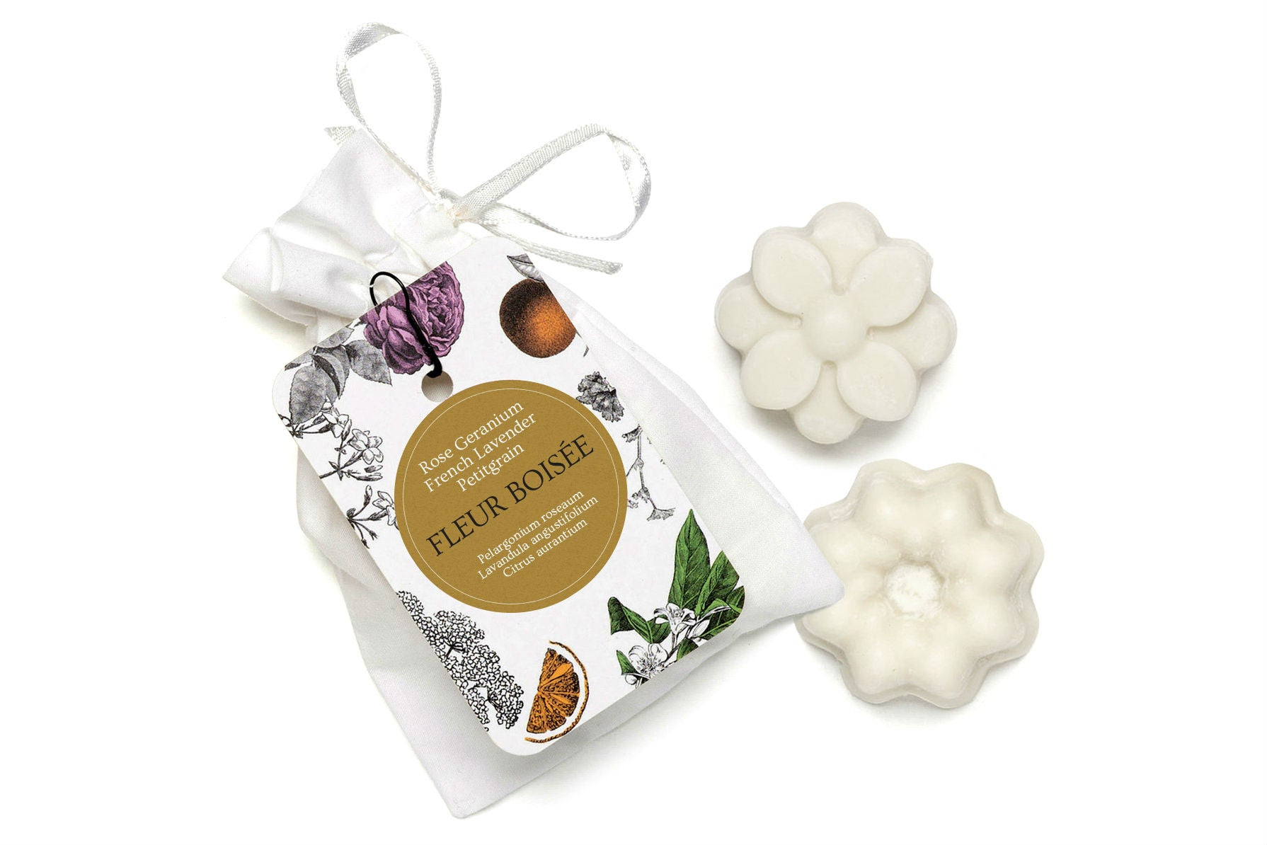 Petitgrain essential oil wax melts in a small white cotton bag.