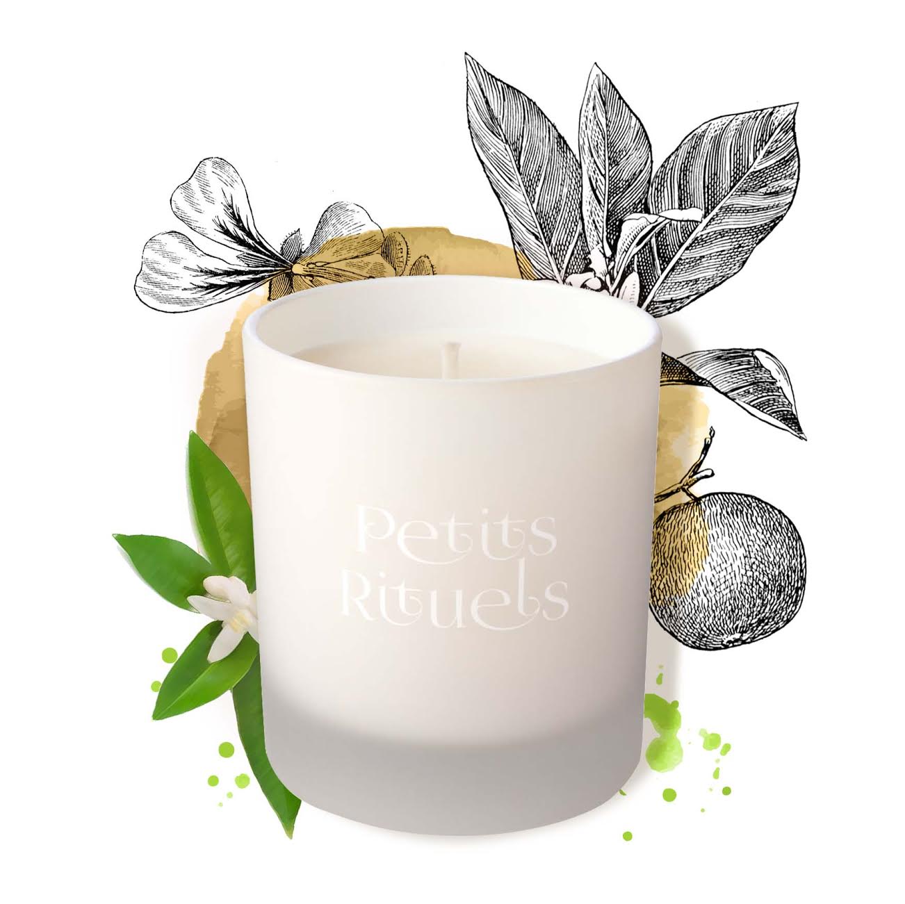 Petitgrain candle in a white frosted glass with illustration of Petitgrain leaves and Geranium.