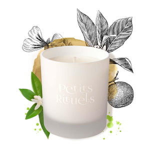 Petitgrain candle in a white frosted glass with illustration of Petitgrain leaves and Geranium.