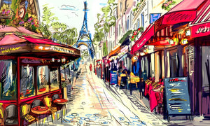 Montmartre Paris painting with cafes and a cobbled street.