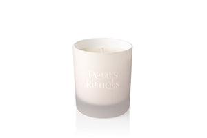 Lavender scented candle in white frosted glass and Petits Rituels logo in shiny white.