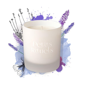 Lavender candle for sleep, 100% natural with organic lavender, rose geranium and ylang ylang.